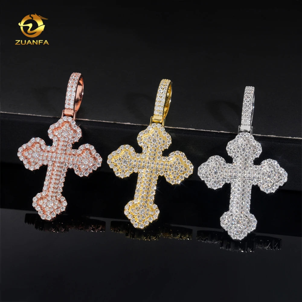 48 Hour Ship Out VVS Moissanite Hip Hop Jewelry Cross Iced Out Pendant 925 Silver Moissanite Pendant With 316L Rope Chain