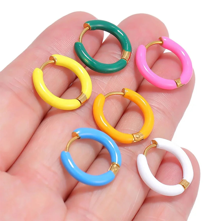 Fashion Earrings 2025 Women Simple Small 12mm Enamel Huggie Cartilage Gold Plated Stainless Steel Hoop Earrings