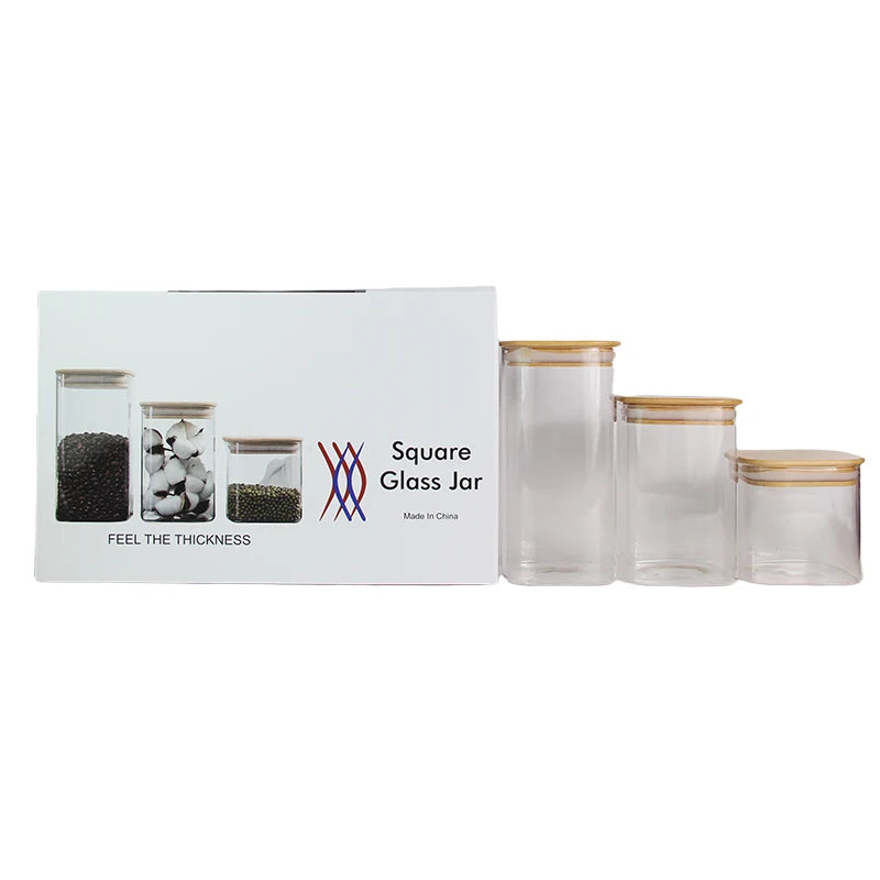 Wholesale Eco Friendly Clear White Square Glass Jar 3pcs Set With Bamboo Lid