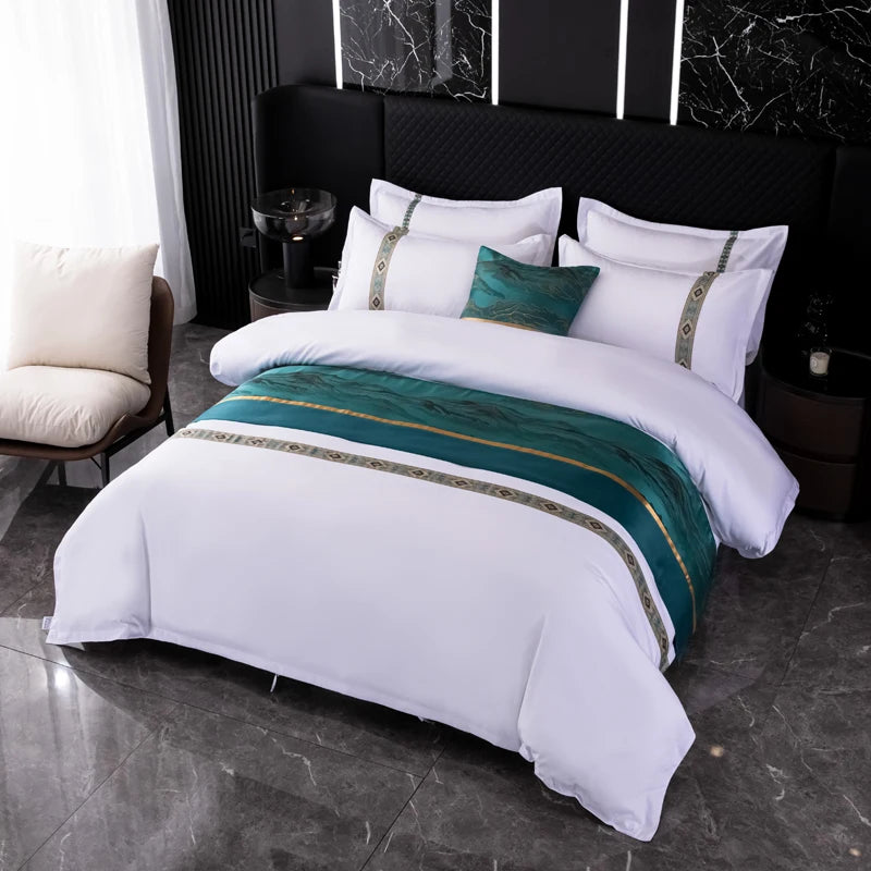 Modern 4-Pcs Polyester Bed Star Hotel Cover Set King Queen Twin Sizes White Woven Technics Embroidery Hotel Bedding Set