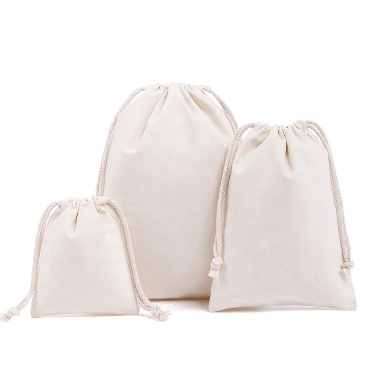 Recycle  Cotton Canvas Fabric Linen Gift Packaging Pouch Flat Bottom Organic Soft Cotton Drawstring Bag with Custom logo