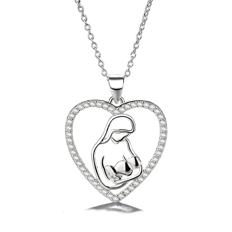 Fashion 925 Sterling Silver Mom and Son Heart Shape Pendant Necklace for Women