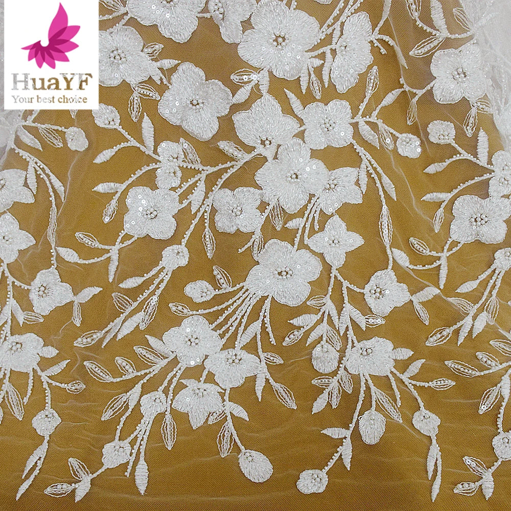 HY2631 Good Quality Sequins Bead Embroidered Lace With Pearl Wedding Dress Lace Fabric