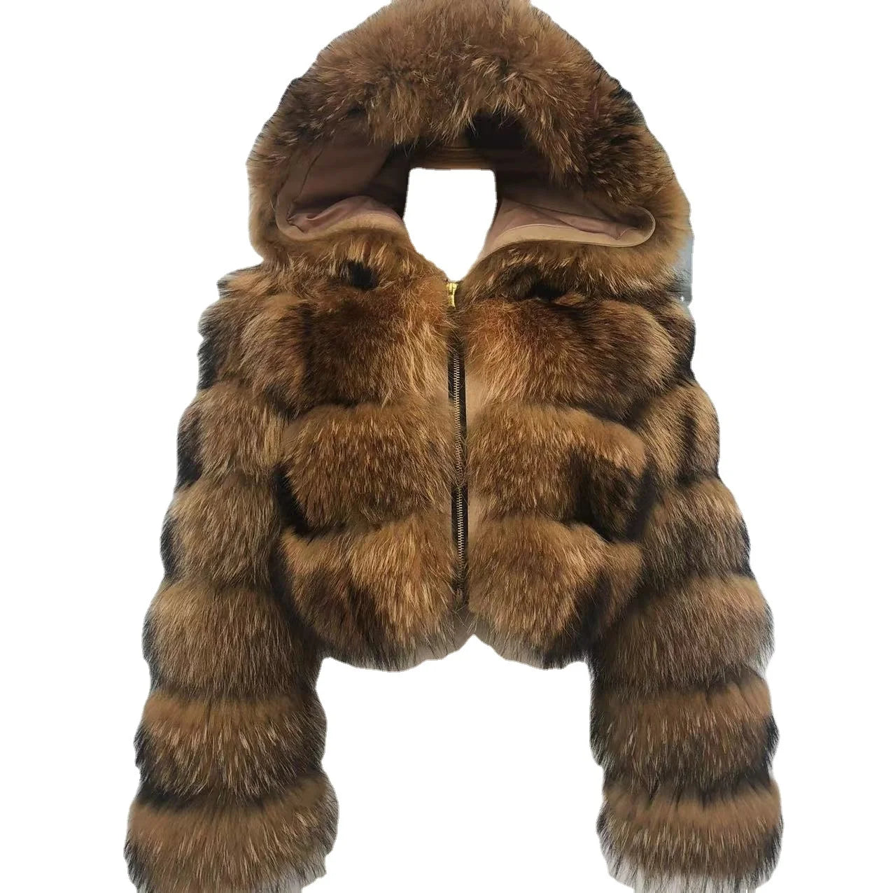 2022Long Sleeves Fashion Outerwear Winter Natural Furry Hooded Jacket Women fox Raccoon Fur Short Coat