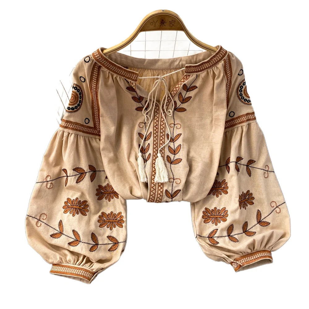 Wholesale 2026 Autumn Vintage Ethnic Style Long Sleeve Round Neck Loose Embroidered Cotton Hemp Pullover Women's Shirts