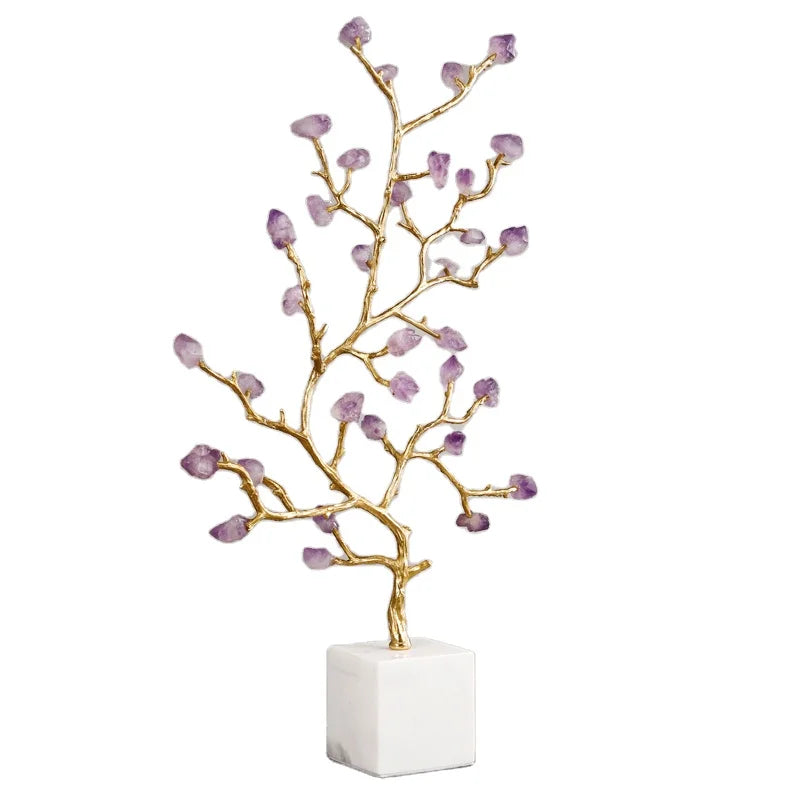 Purple Natural Crystal Stone Marble Base Brass Lucky Tree Decoration Hotel Living Room Table Ornament Copper Tree