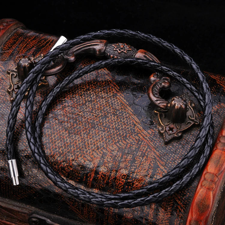 SS8-PSXL012 Steel Soldier Men Woven Stainless Steel Buckle Leather Rope Bracelet Double Leather Ropes