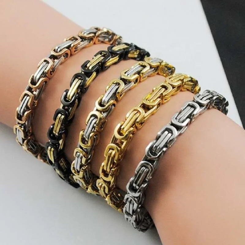 Byzantine Bracelet Titanium Steel Jewelry Mens Fashion Hip Hop Thick Chain Gold Plated Square Buckle Punk Style Gift