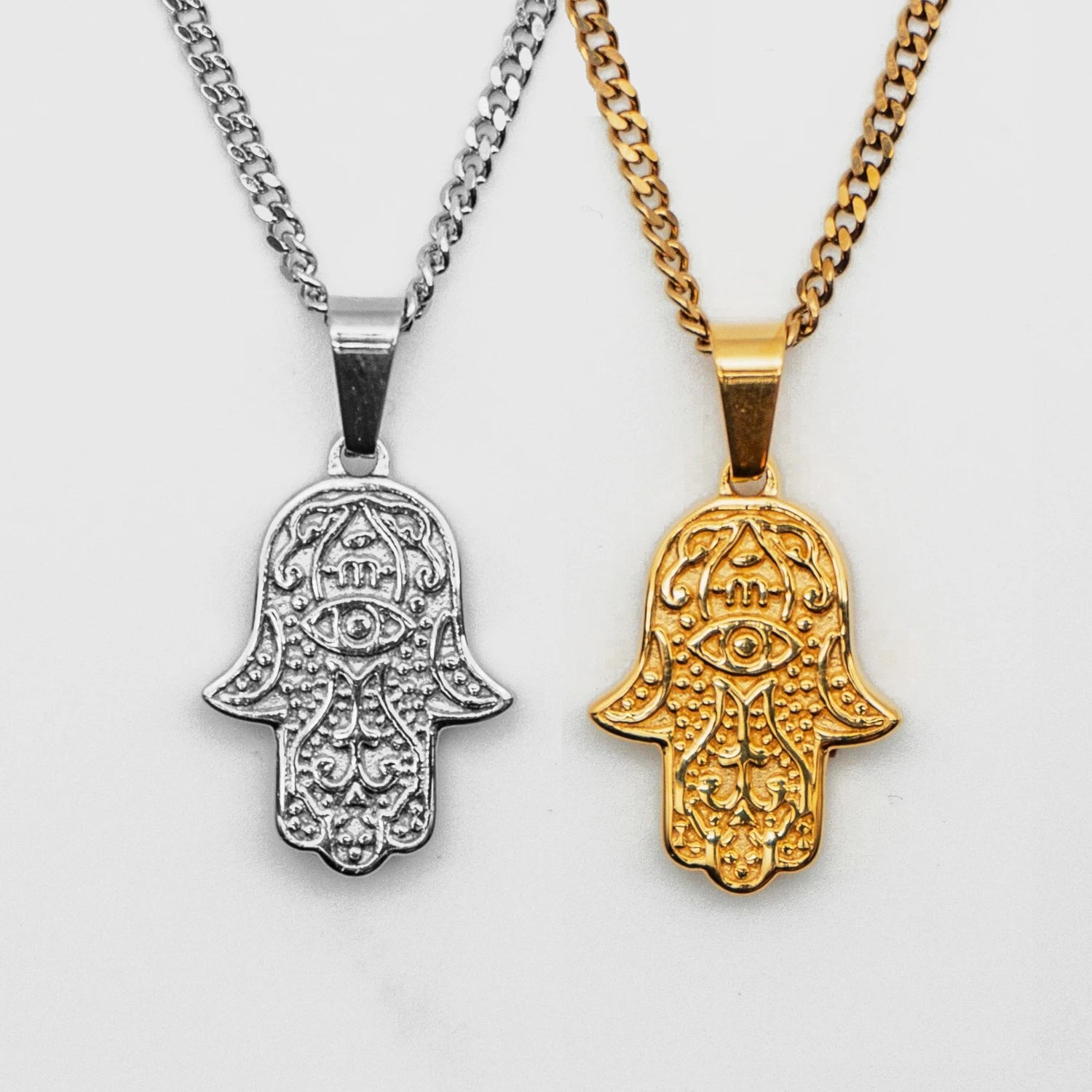 Retro Praying Hands Jewelry Stainless Steel Egyptian Eye Fatima Hamsa Hand Pendant Necklace Men Two Tone Jesus Piece Necklace