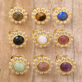 Trendy Classic Gold Plated Natural Gem Faceted Stone Round Coin Shape Flower Rhinestone Rings Fashion Gifts