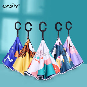 Wholesale Kids Manual Upside Mini Reverse Open Umbrella C Shape Handle Straight Umbrella 190T Anti-UV Windproof Waterproof