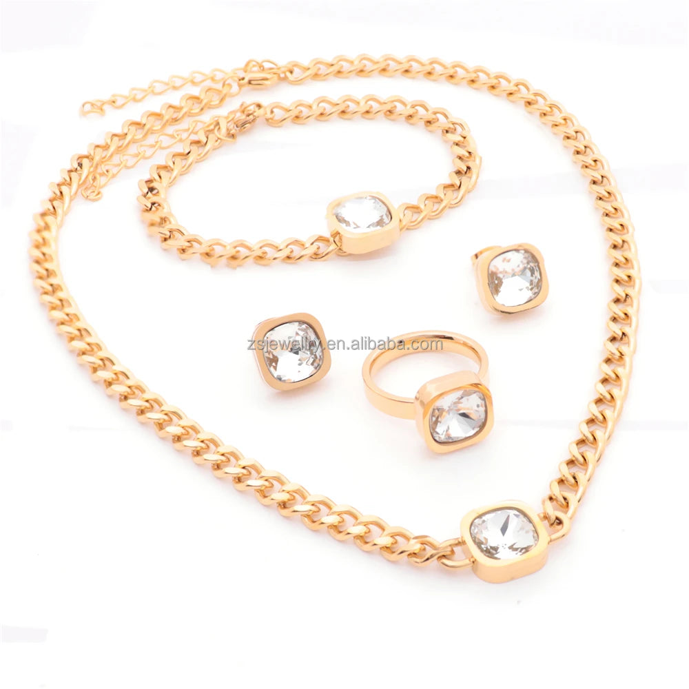 African Dubai Stainless Steel Fashion Design Guam 14K Gold Gemstone Gold Plated 4Pcs Bracelet Jewelry Girl Women Luxury Sets