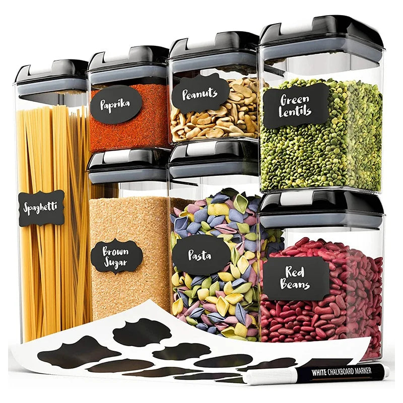 7-Piece Modern Design Kitchen Storage Sealed Square Transparent PET Jars Set with Buckle for Grains Nuts Candy Dry Goods Spices