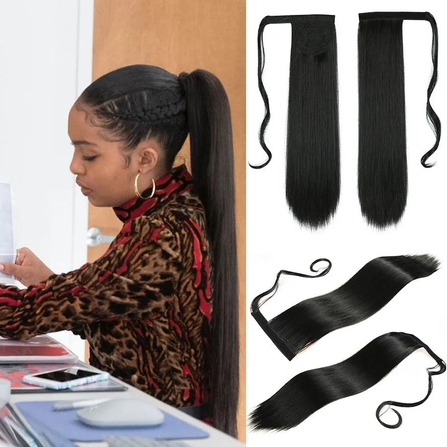 FX-HA13 Women's 56cm Long Straight Natural Horsetail Wig Fashionable Synthetic Hairpiece Multi-Color Strap Style Ponytails