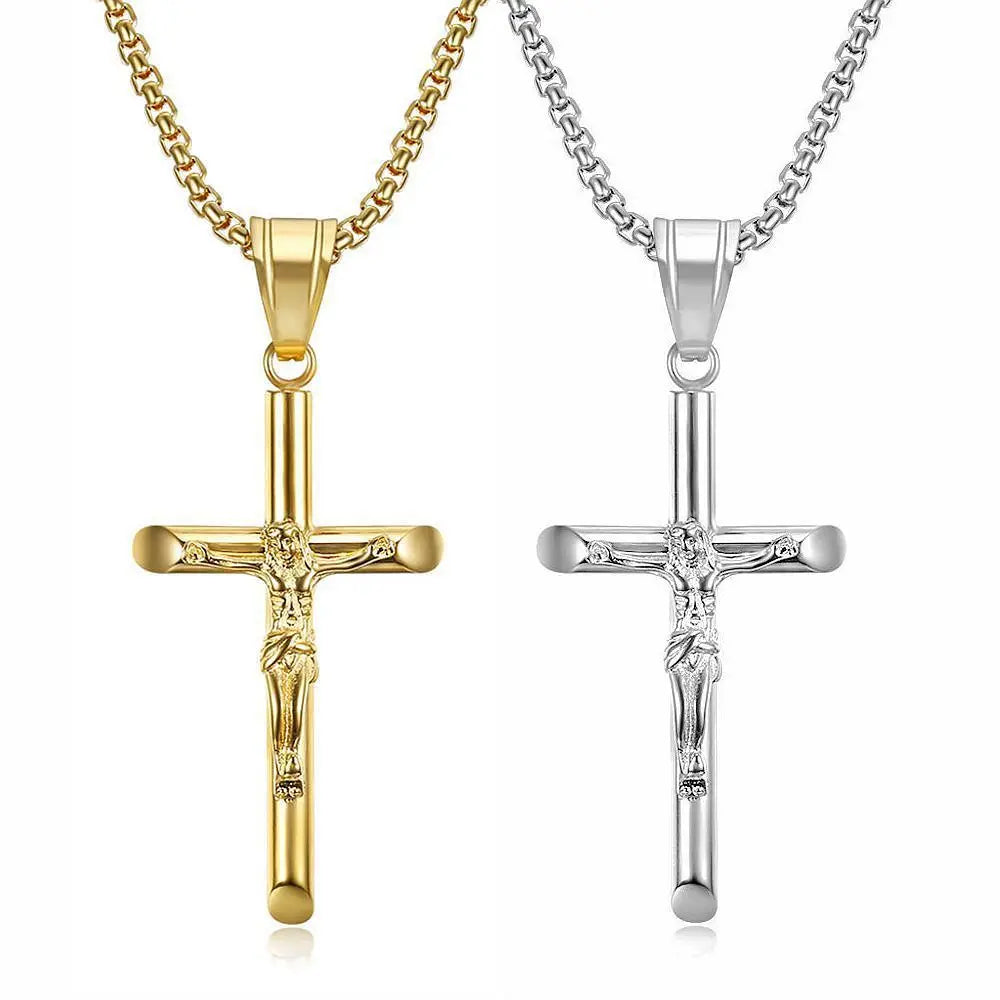 Popular Silver Gold Pendants Chain Cross Crucifix Necklace Stainless Steel Neck Waterproof Religious Jesus Cross Necklace