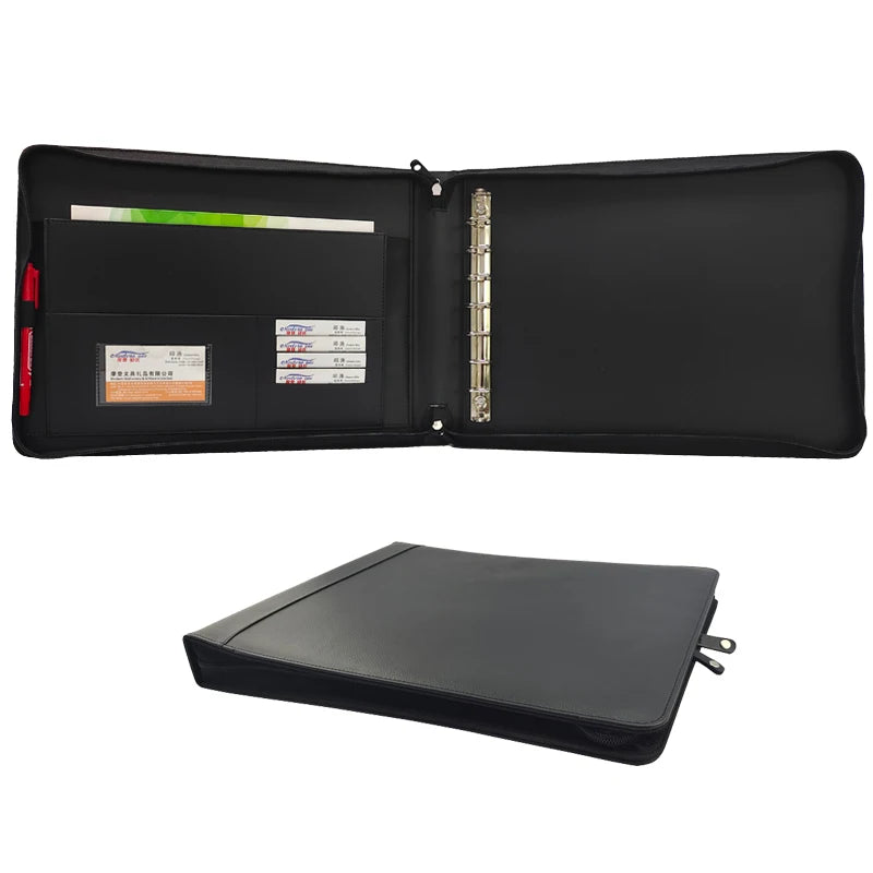 ModernQiu Zipper Split Combination Binder Cowhide Leather Portfolio