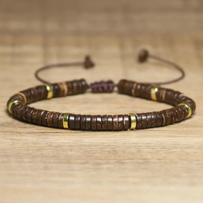 Unisex Handmade Natural Coconut Beaded Bracelet Unique Geometric Design Dainty Braided Bangles for Men and Women Gift