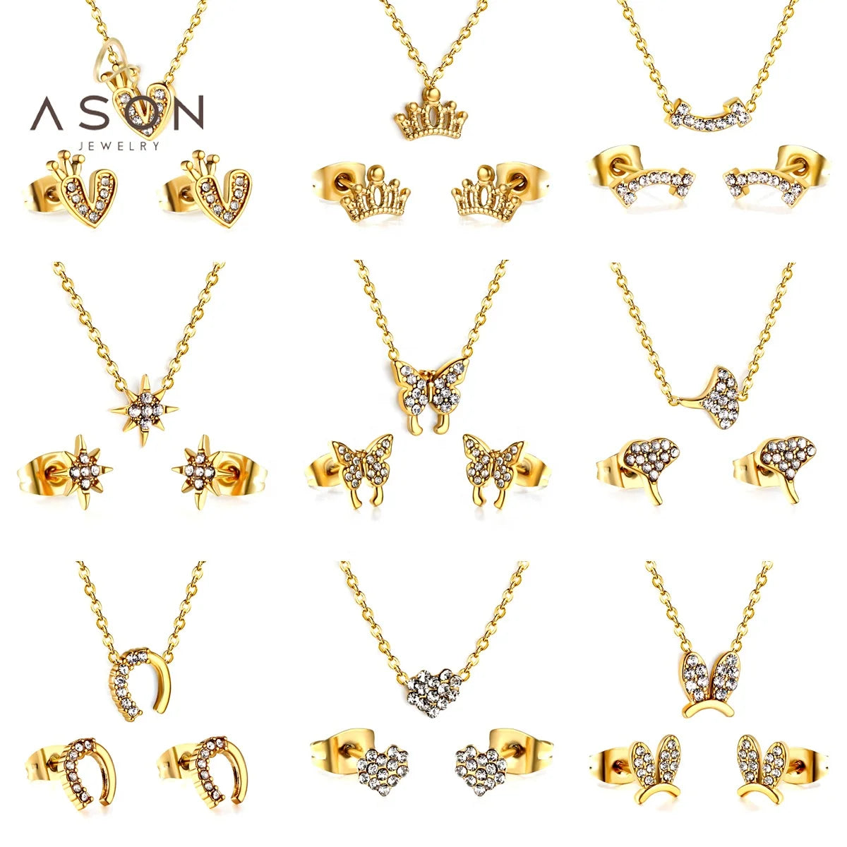 Ason Wholesale Fashion 18k Gold Plated Designer Waterproof Zircon Stud Earrings Pendant Stainless Steel Jewelry Sets for Women