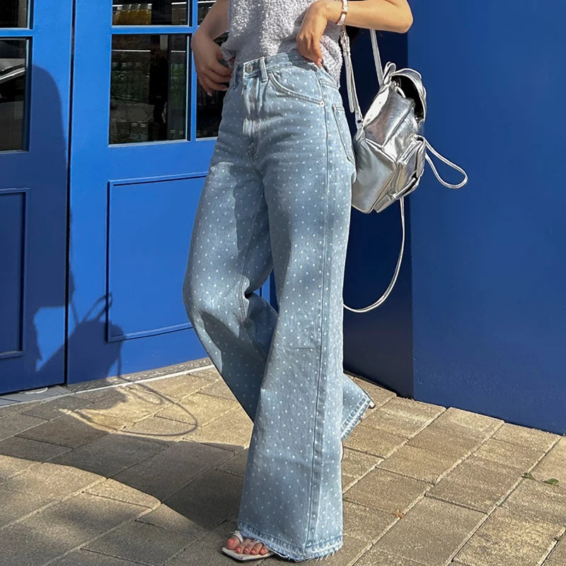 Wholesale 2026 Autumn Retro Versatile High Waist Slim Contrast Color Wave Dot Design Tassel Edge Wide Leg Women's Jeans