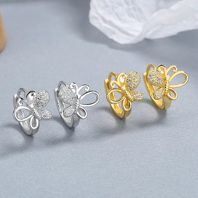Fine Jewelry 925 Sterling Silver Earrings Cute Animal butterfly Zircon Gold Plated Hoop Earrings for Women