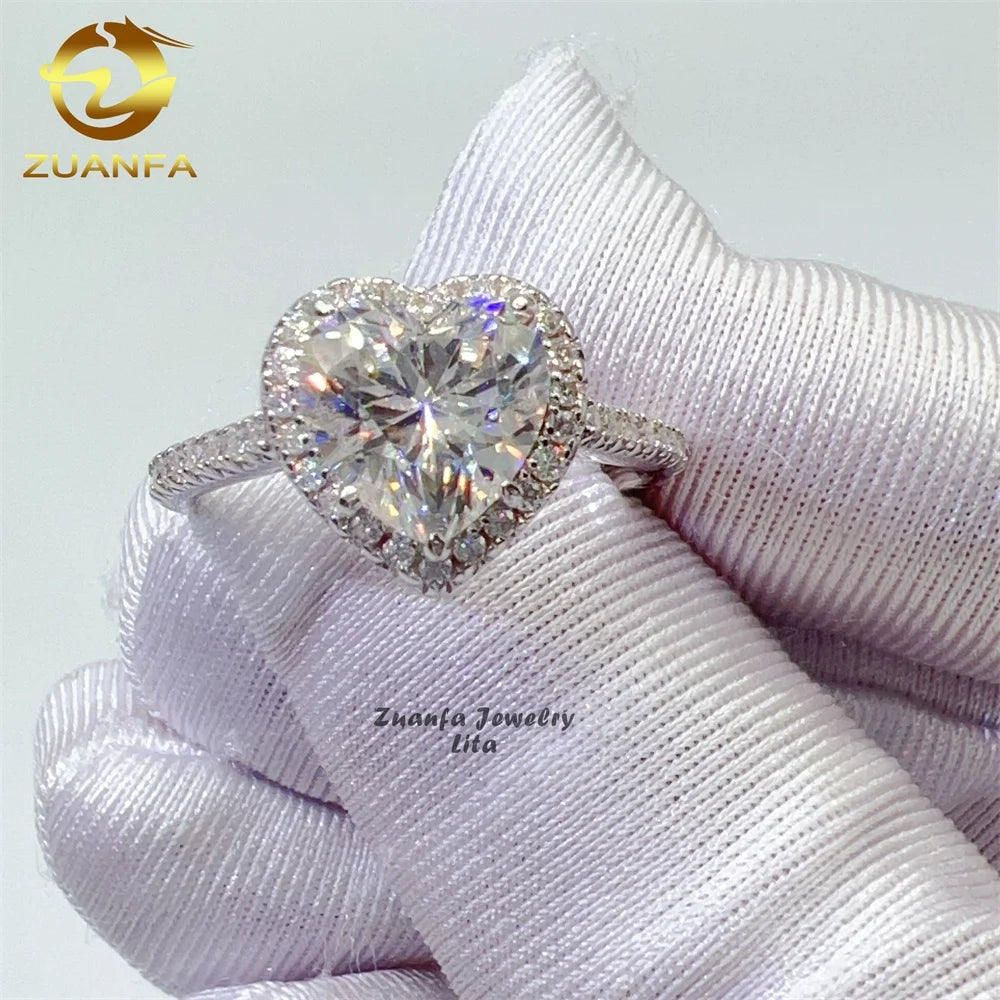 Luxury Popular Regular halo 2 Carat 925 Silver Rhodium Plating Women Heart Moissanite Ring