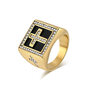 Wholesale Hip Hop Stainless Steel Gold Plating square Cross Zircon Jewelry Finger Rings Men