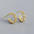 Unique New Fashion Design Women 925 Silver Medium Size 18K Gold Plated Hollow Out Square Chain Stud Hoop Earrings