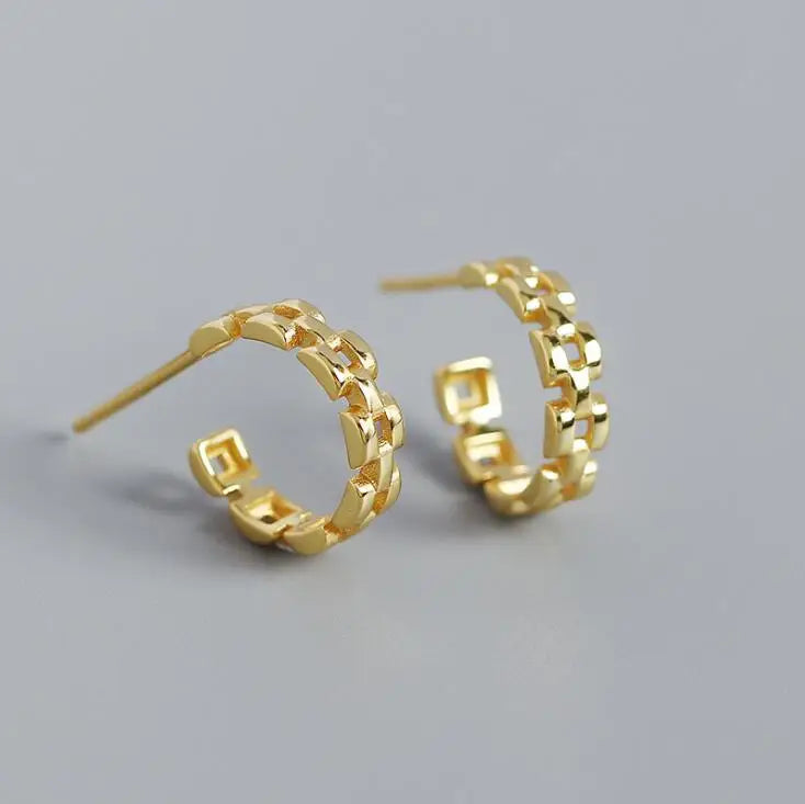 Unique New Fashion Design Women 925 Silver Medium Size 18K Gold Plated Hollow Out Square Chain Stud Hoop Earrings