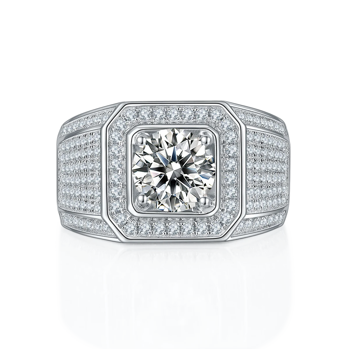 High-End Custom Jewelry Diamond Ring 925 Silver Plated 18K Platinum for Girlfriend 2 Carat Large Round Moissanite Men'S Ring