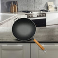 Durable Versatile Cast Iron Wok Chinese Carbon Steel Frying Pan Wooden Lid Enamel Electric Cooking Essential Kitchen Tool for