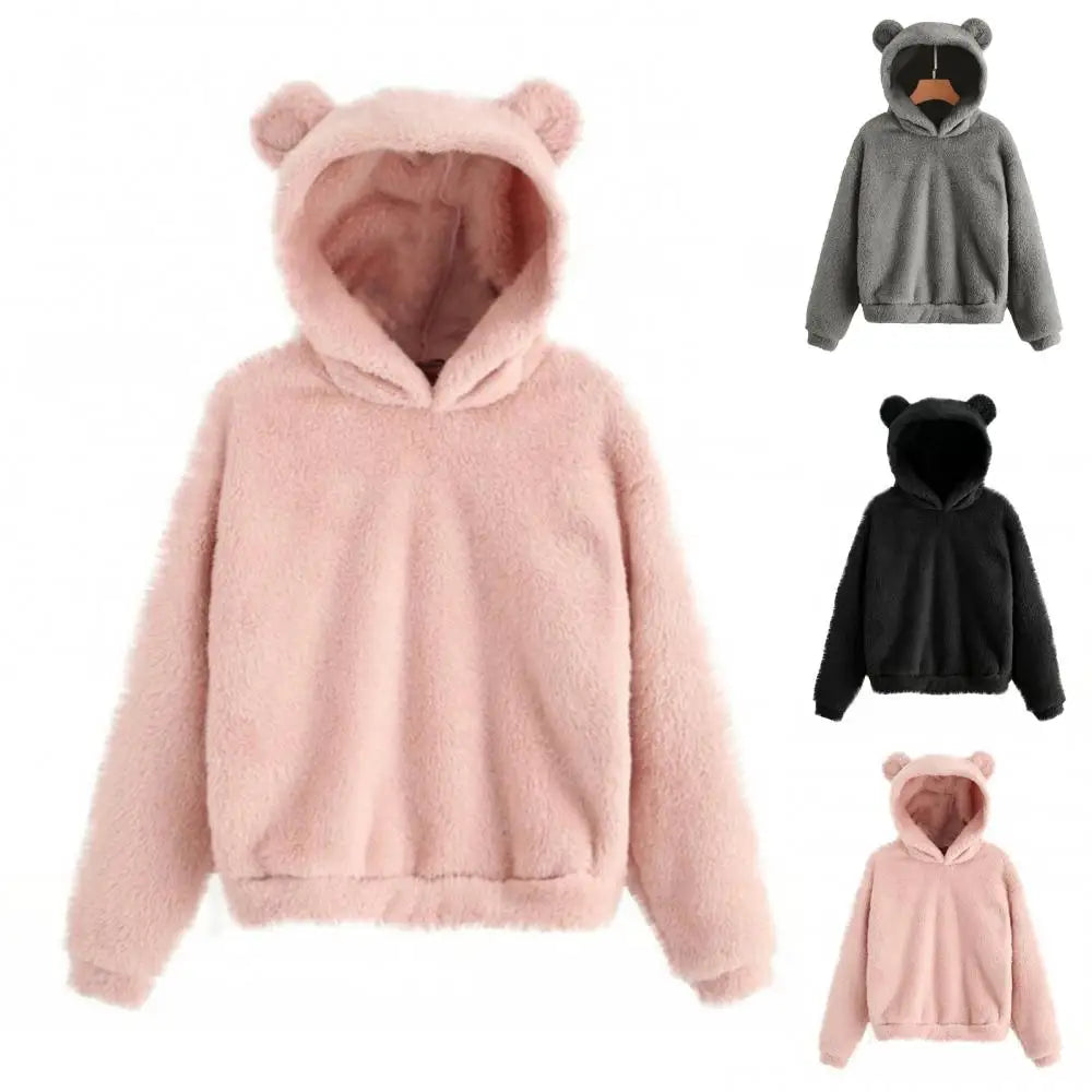 Fitspi  Autumn Winter Womens Hoodie Long Sleeve Bear Ear Sweater Plush Warm Hoodie
