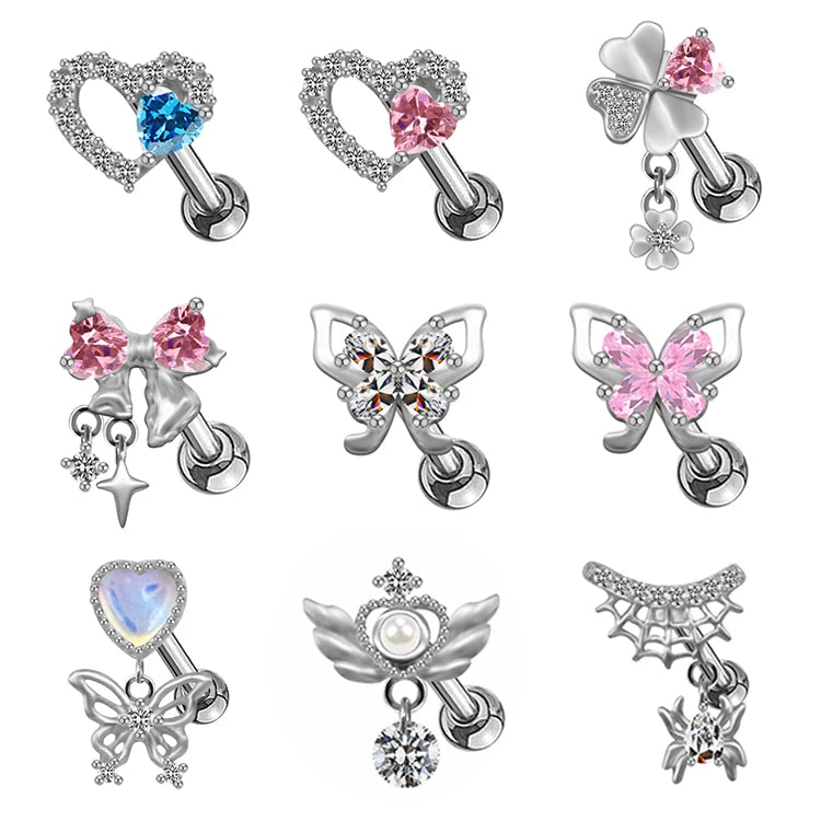 Gaby Women's Gold Plated Surgical Steel Cartilage Studs Silver Earrings with Pink Butterfly Cute Style Helix Face Piercing