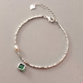 Wholesale Trendy Jewelry 925 Sterling Silver Pearl Square Green Zircon Charms Bracelet for Girls Valentine's Day Jewelry