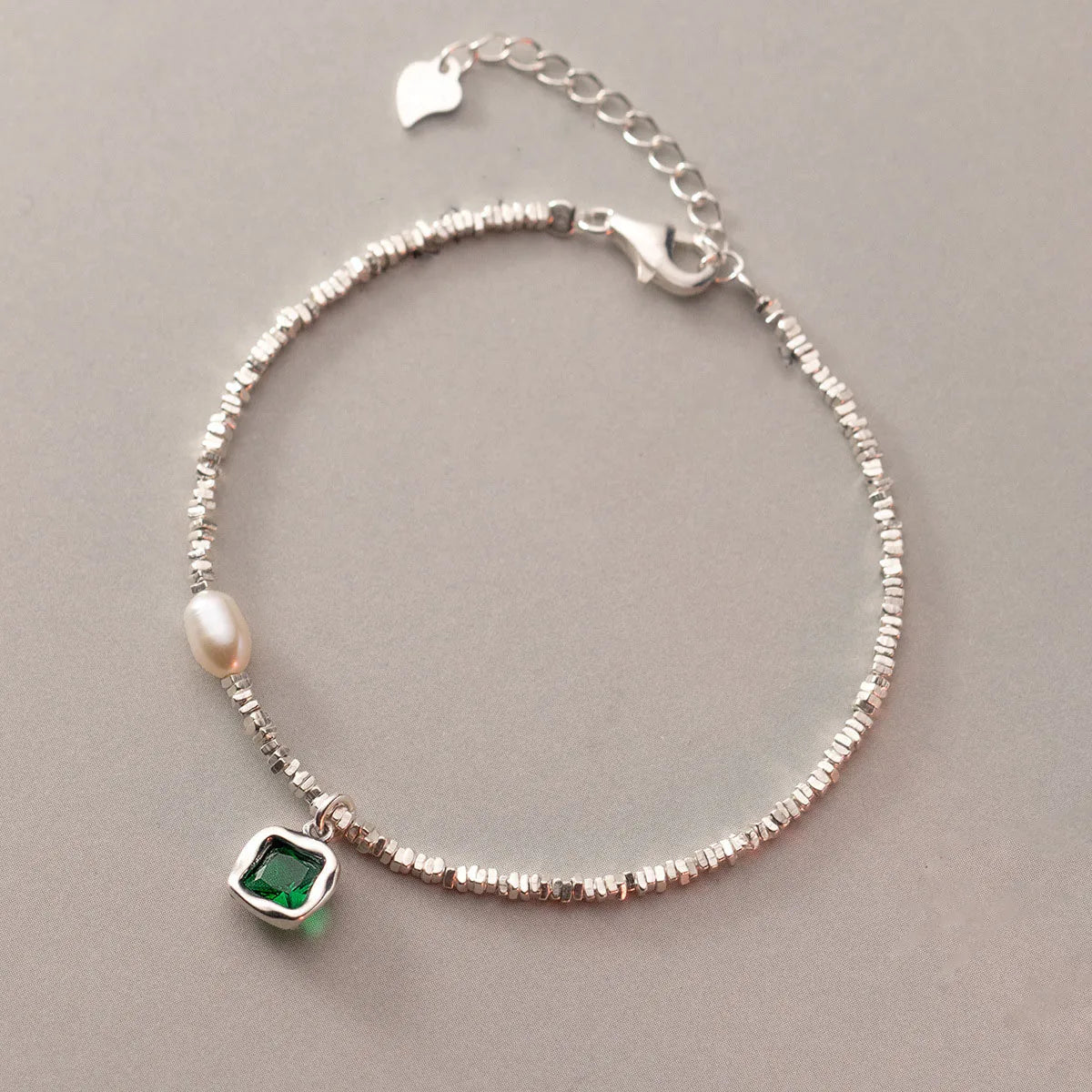 Wholesale Trendy Jewelry 925 Sterling Silver Pearl Square Green Zircon Charms Bracelet for Girls Valentine's Day Jewelry