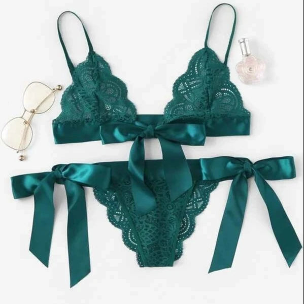 New Split Cut Lace Bikini Fashion European and American Sexy Lace Strap Style Three Point Sexy Lingerie with Bow