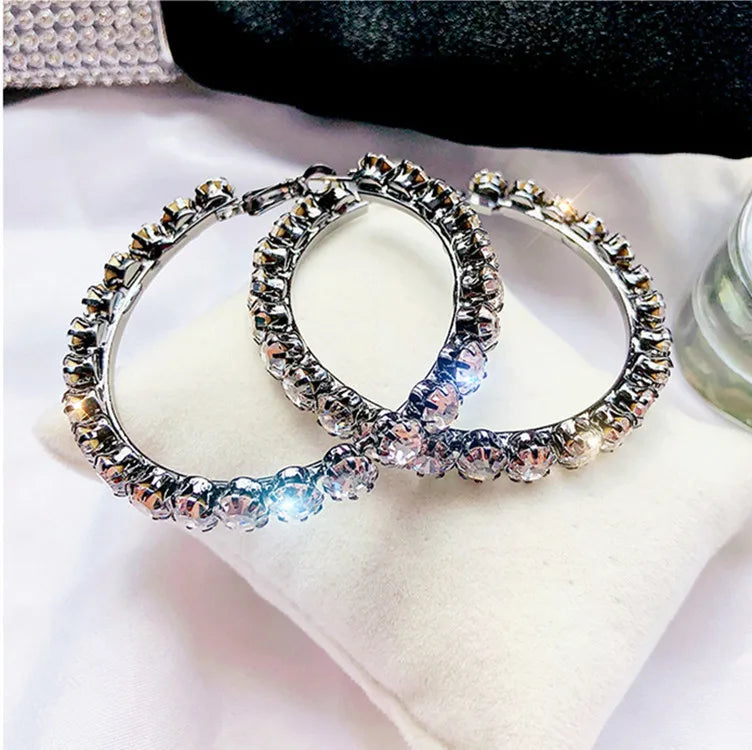 Fashion Alloy Post 5.5cm Big Circle Shiny CZ Crystal Hoop Earrings Rhinestone Circle Hoop Earrings