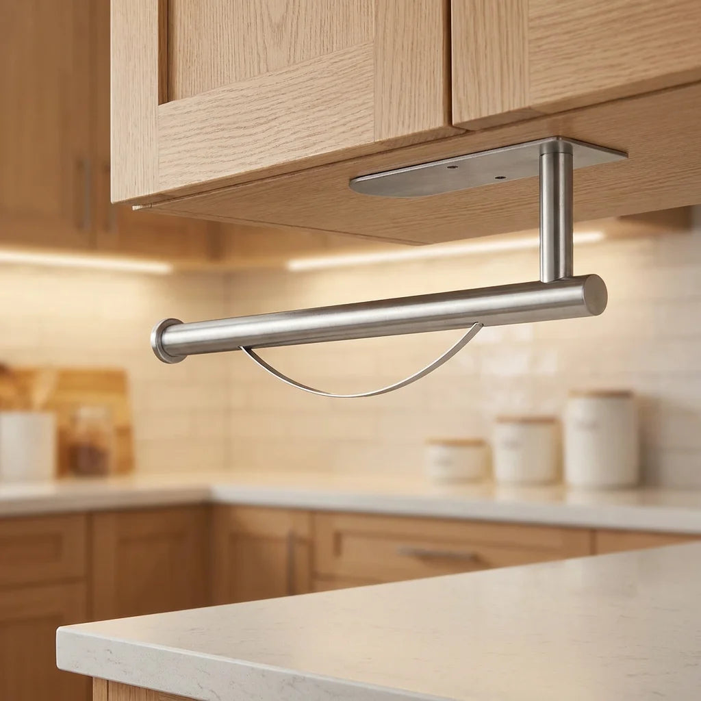 Modern Auto Block Single-Hand Wall-Mounted Brush Black Stainless Steel Paper Towel Holder Under-Cabinet Self-Adhesive