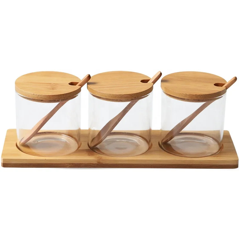 3 Pack Seasoning Containers With Bamboo Lids and Wooden Tray Bamboo Spoons for Spice Containers Glass Spice Jar Set