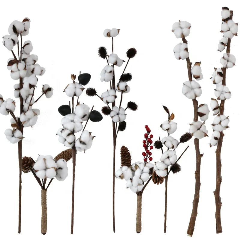 Natural Cotton Long Stem Artificial Cotton Flowers for Christmas Decor DIY Dried Flowers