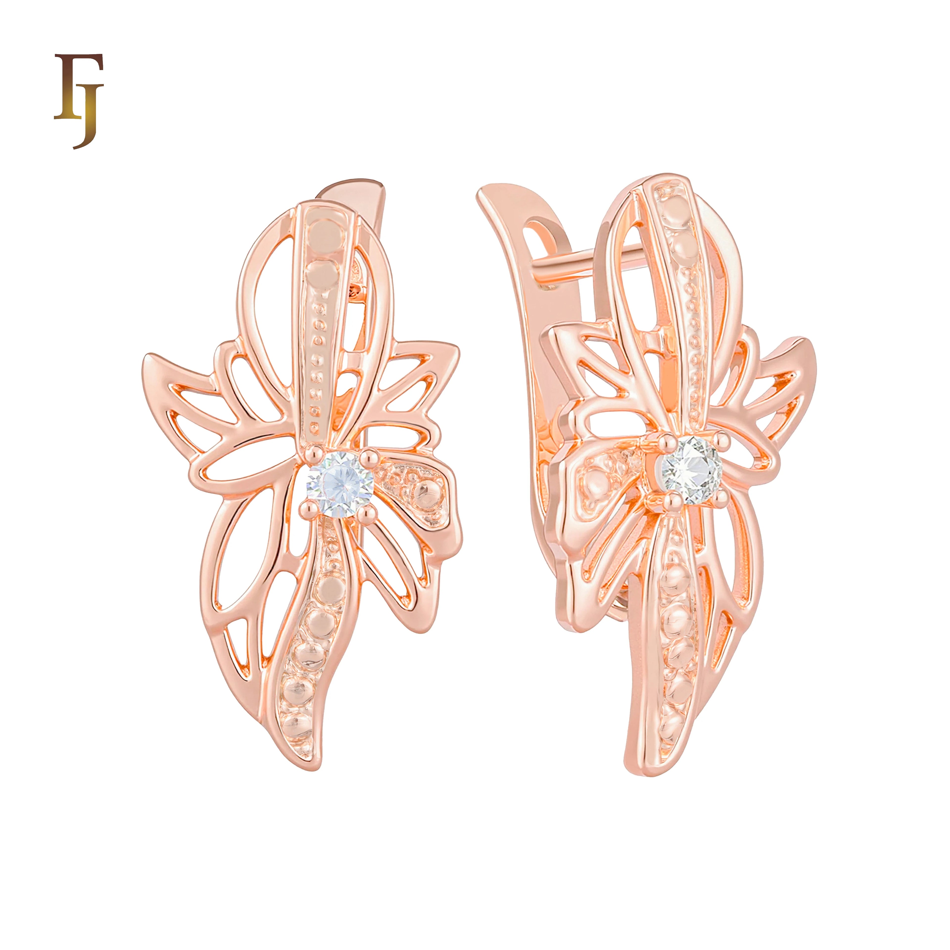 FJ Fallon Fashion Jewelry Rose Gold Clip-On Earrings Butterfly Filigree with Center Stone Non-Pierced  Brass Based