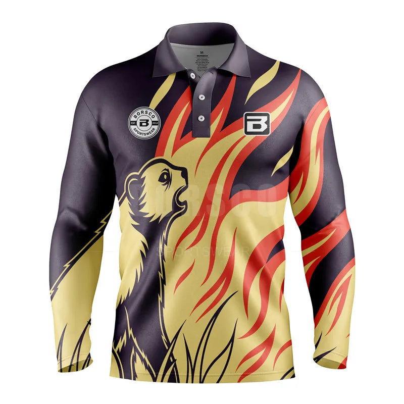 Men Boy's Artistic Printed Long Sleeve Polo Flame Animal Fruit Designs for Casual Sporty and Trendy SportWear Cloth Clothing