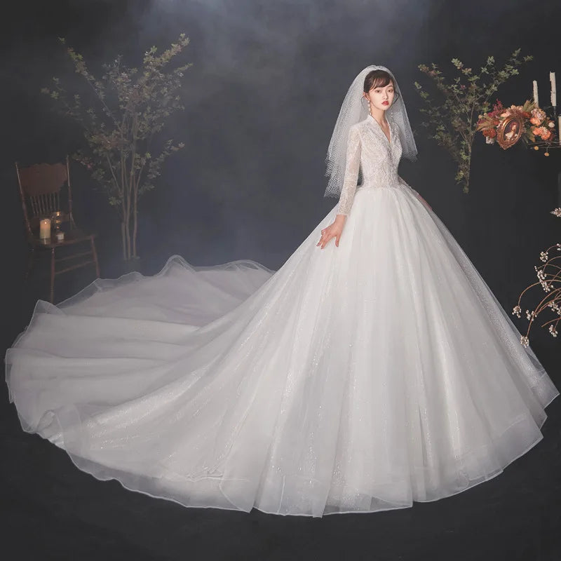 Al1275 2025 New Bride Long-sleeved Winter Vestidos De Mujer Filipiniana Modern Gown Starry Sky Train Princess Wedding Dress