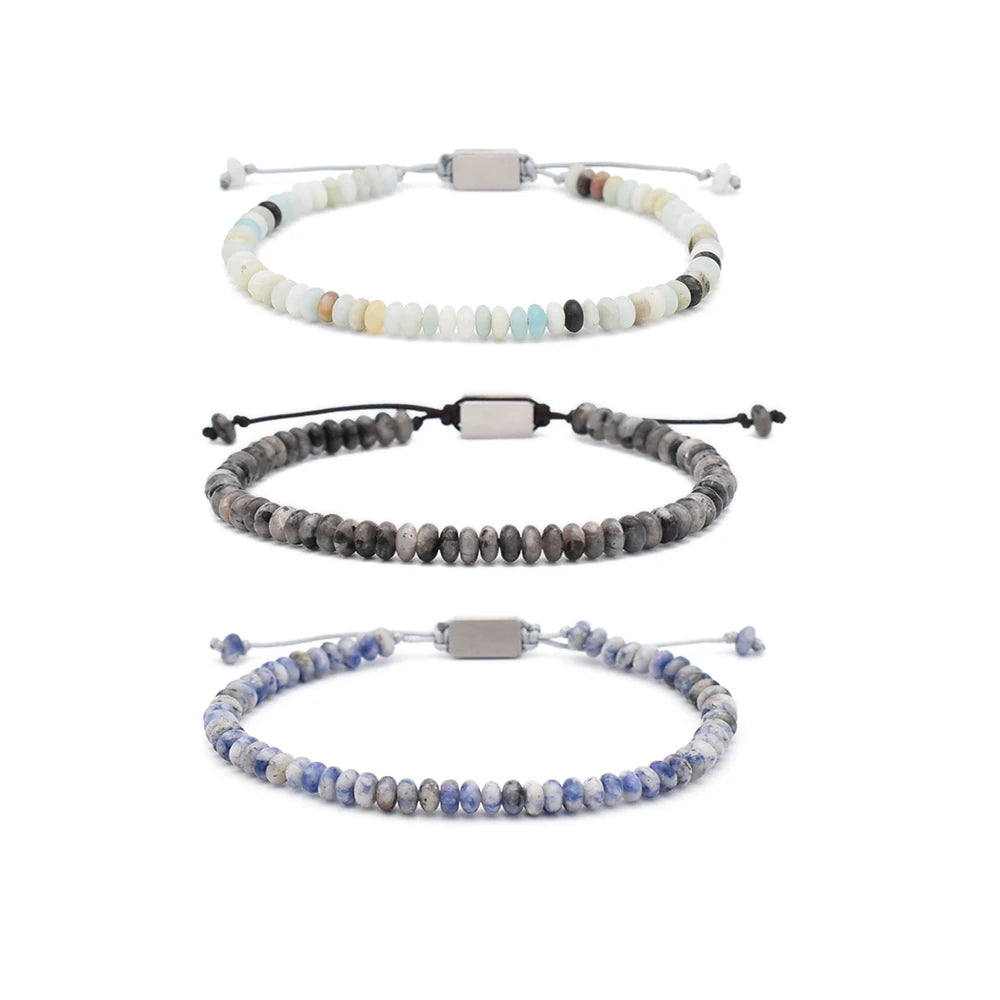 Fashion 4mm Natural Stone Bead Bracelet for Men Stainless Steel Engraved Logo Adjustable Cord Daily Wear Jewelry Gift