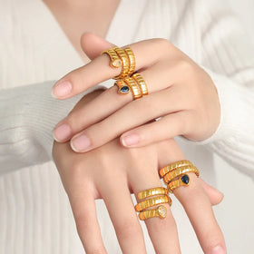 YF4201 Waterproof Fashion Luxury Jewelry Zircon Snake Charm Ring 18k Gold Plated Stainless Steel Irregular Non Tarnish Rings
