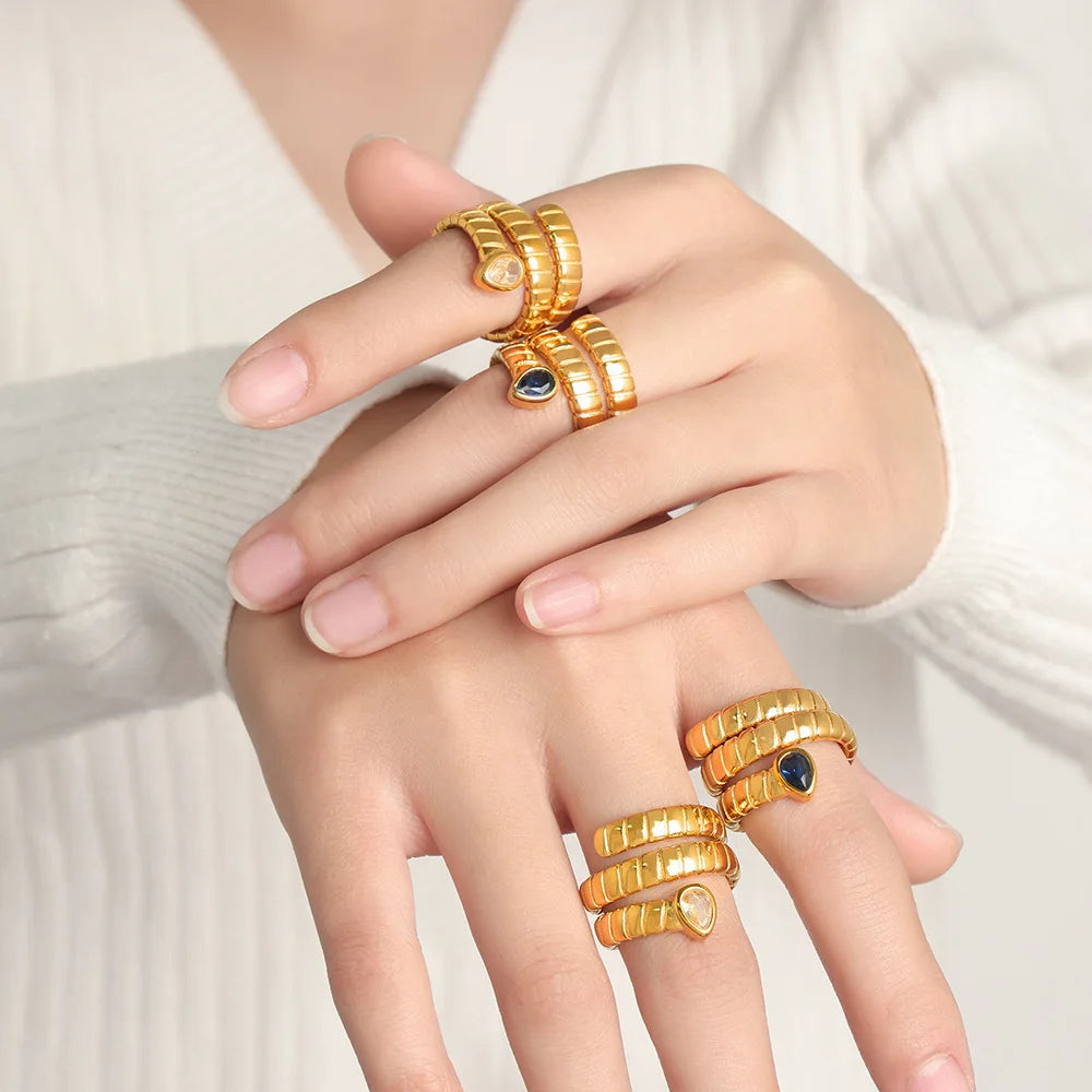 YF4201 Waterproof Fashion Luxury Jewelry Zircon Snake Charm Ring 18k Gold Plated Stainless Steel Irregular Non Tarnish Rings