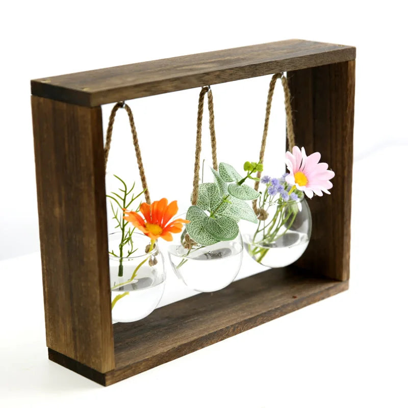 Hot Selling Wooden Frame Hanging Transparent Glass Flower Pots for Home and Garden for Living Room Decorations