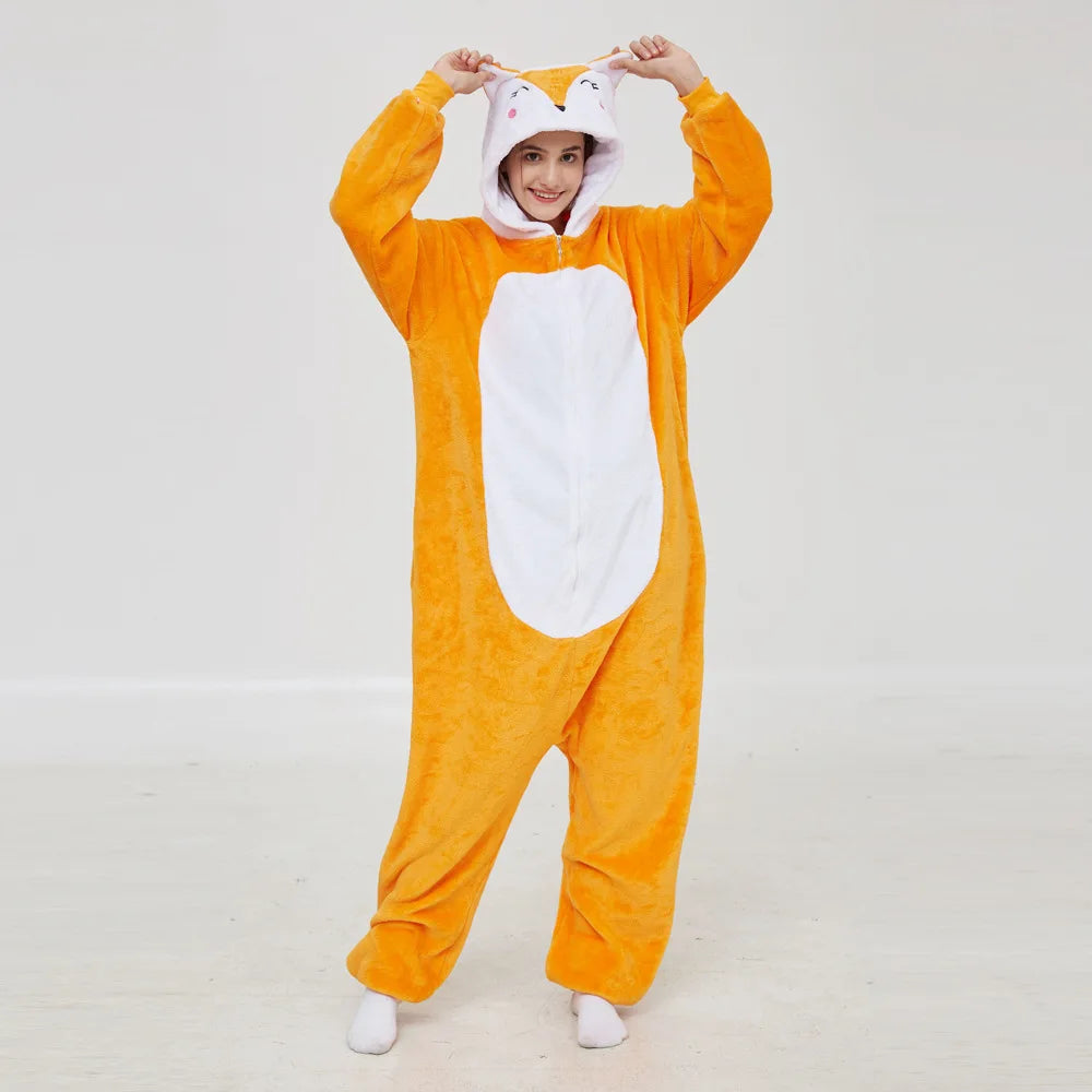 Flannel Fleece Thermal Lovely Machine Embroidery Fox Hooded One-Piece Pajamas Jumpsuit for Women