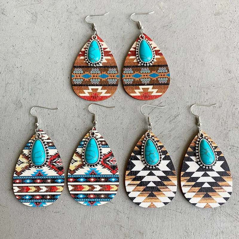 Bohemian Turquoise Western Earrings Wood Water Drop Earrings Aztec Tribe Cowgirl American Design Earrings Jewelry