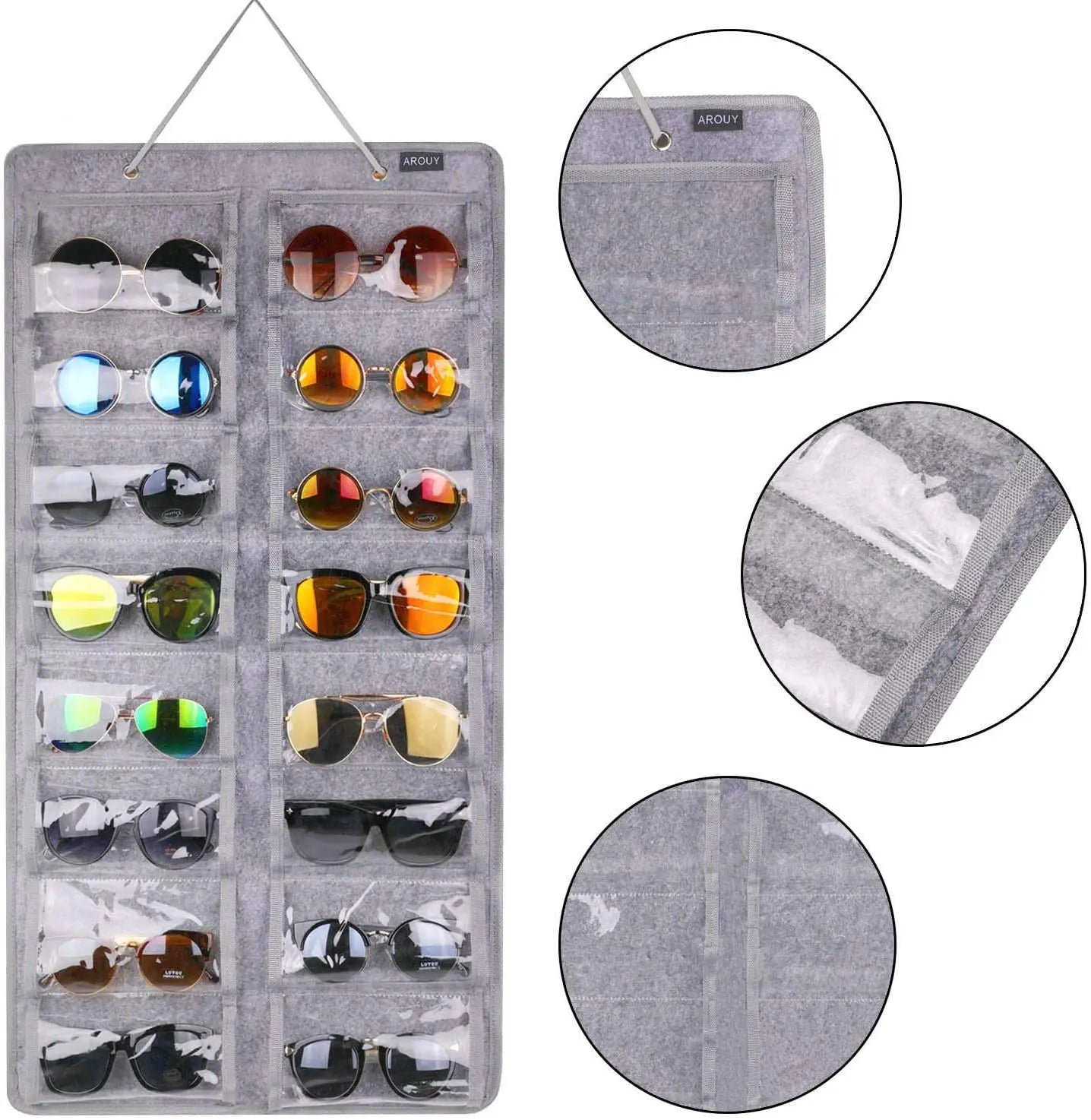 16-Pockets PVC Hanging Organizer Metal Hook Sturdy Rope Dust-Proof Wall Pocket for Sunglasses Storage for Bathrooms Tool