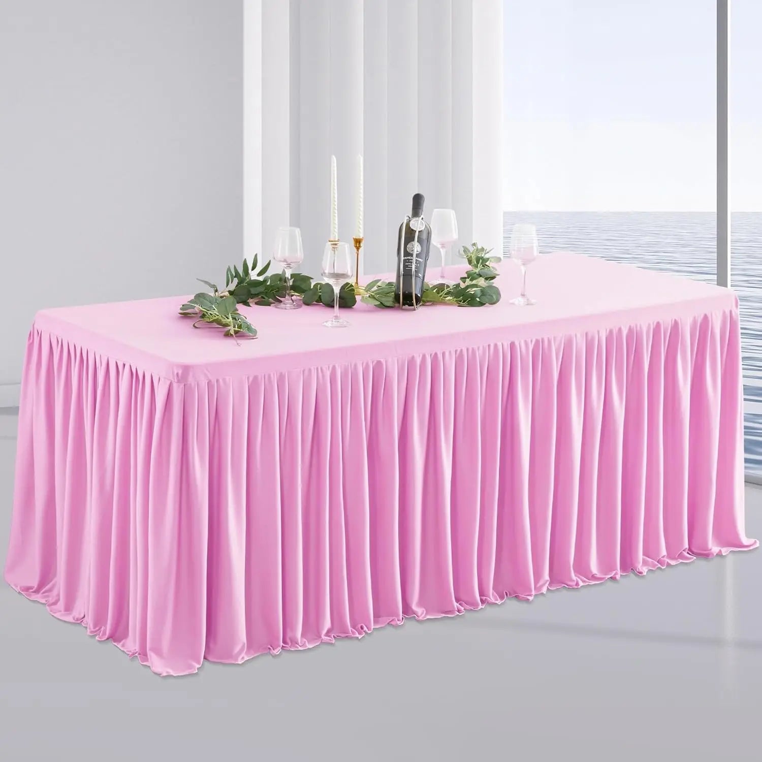 The Table Skirt Designed with Solid Colored Ruffles Is Suitable for Hotel Banquets Birthdays Outdoor Wedding Party Decorations